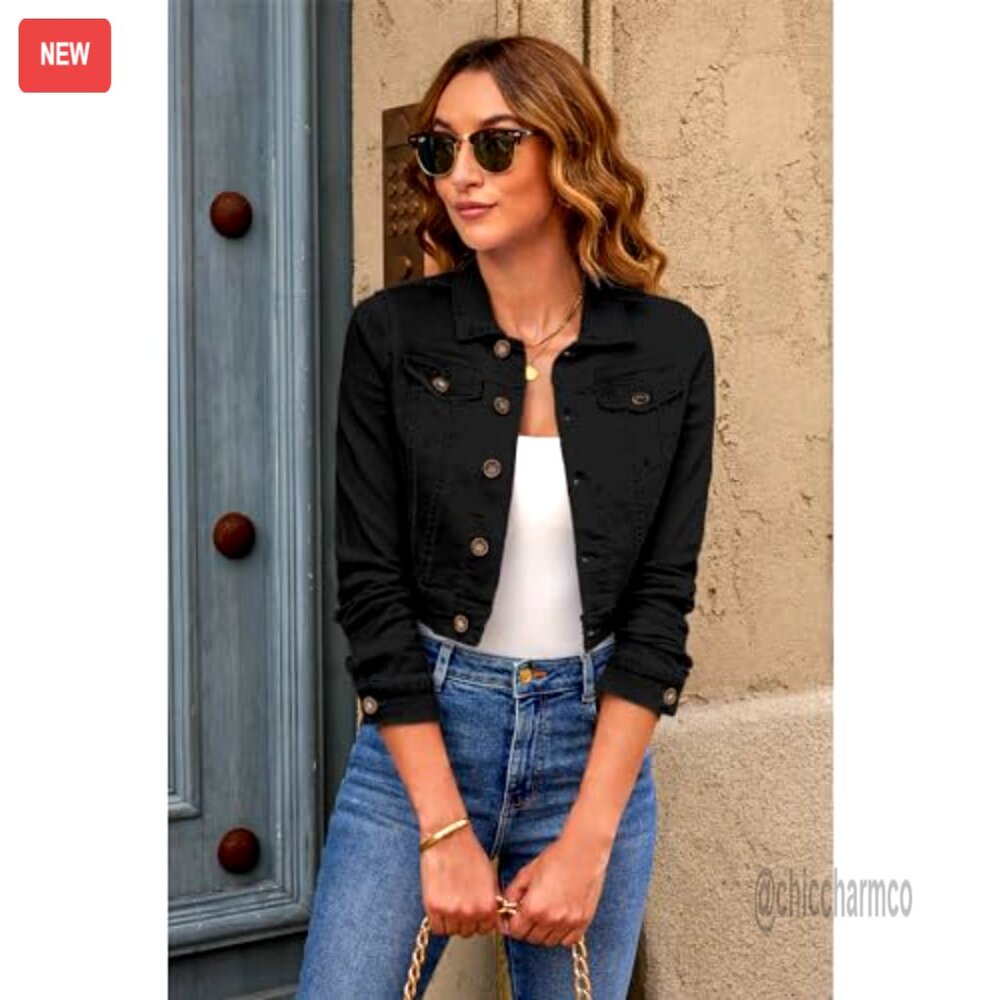 Cropped Denim Jacket Lightweight Stretchy Fitted … - image 3